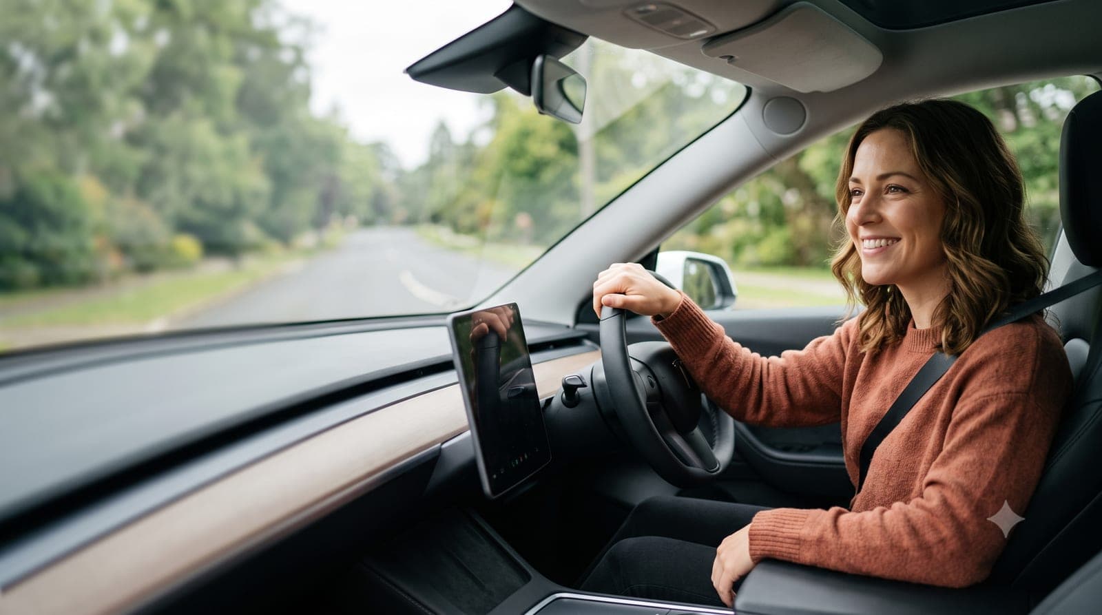A smiling person in the driver's seat of their car