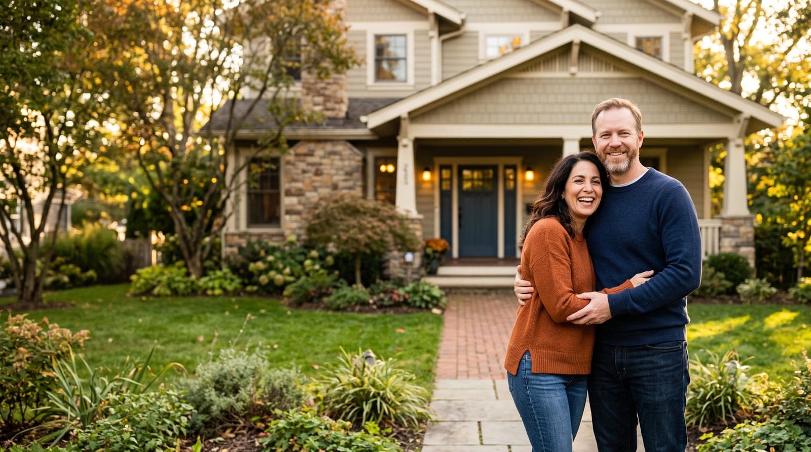 A happy homeowner couple standing in front of their house